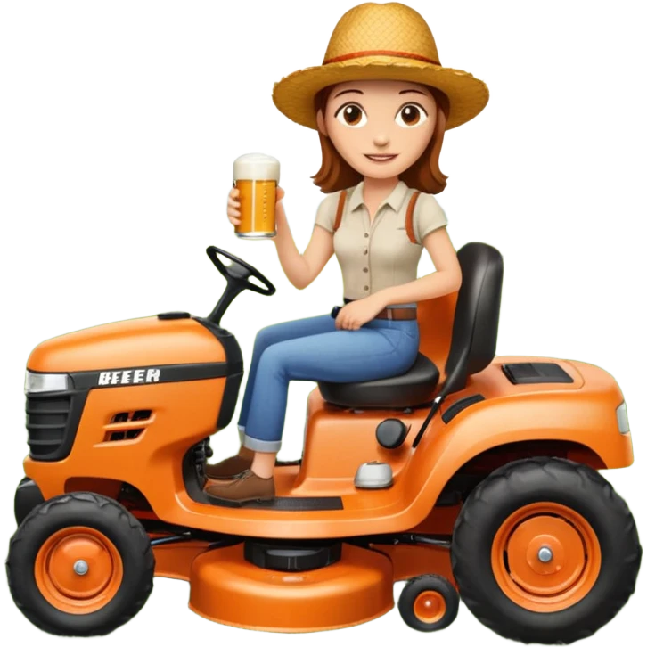 White woman with brown hair, without glasses wearing a straw hat, on old orange ride on lawn mower, holding a beer with one hand and holding the steering wheel with the other hand. Woman is smiling. Lawn mower has “Westwood” written on the engine cover emoji