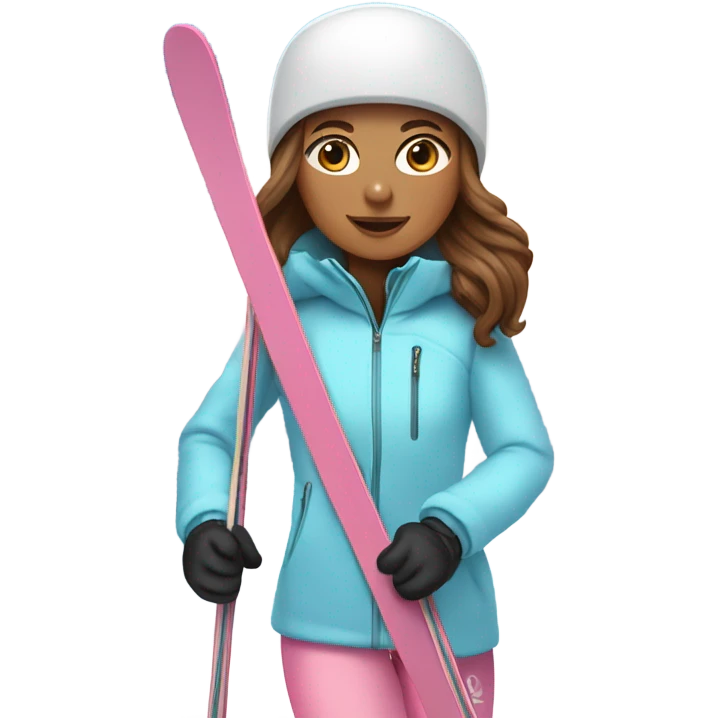 White Girl with long brown hair skiing on pink skis. Wearing a light blue coat. And a pair of white snow pants.  emoji
