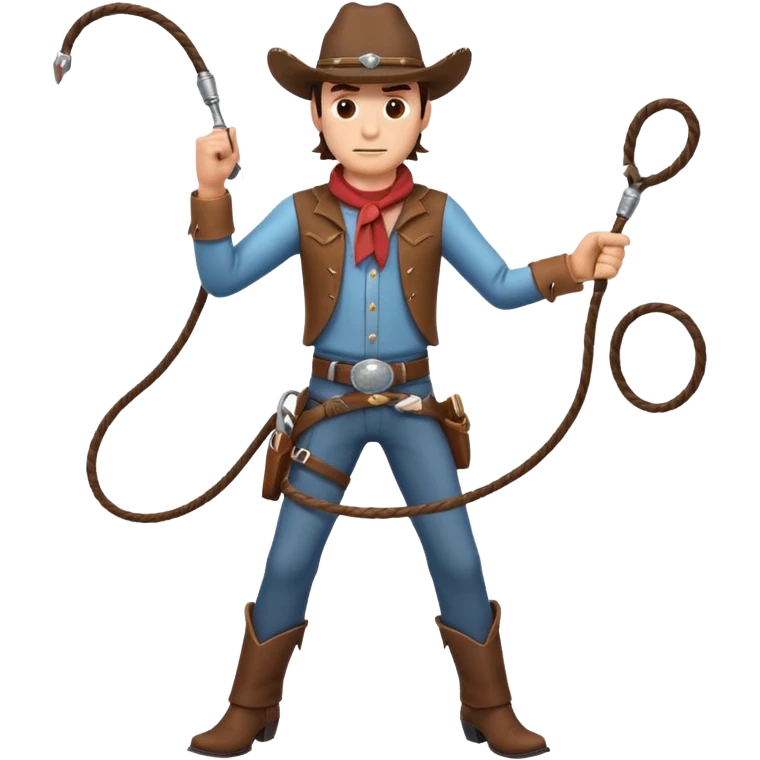 cowboy man holding a whip, dynamic pose, western outfit, adventure vibe, 3D cartoon, mobile game icon style, clean background, no text, no watermark
 emoji