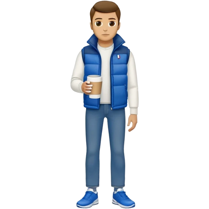 full body man with long sleeve white shirt with blue puffer winter vest with no pockets wearing straight levi blue jeans with no cuffs and black tennis shoes holding a coffee mug in one hand in front of him and nothing in the other hand emoji