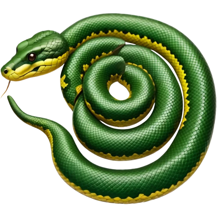 A photo-realistic top-down view of a Green Anaconda tightly coiled in a spiral, with its broad, flat head resting at the center. Its thick, muscular body is olive-green and covered in symmetrical, bold black oval spots that stand out against its smooth scales, creating striking natural camouflage. emoji