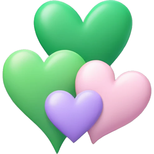 Light pink heart, light Purple Heart, and green heart emoji