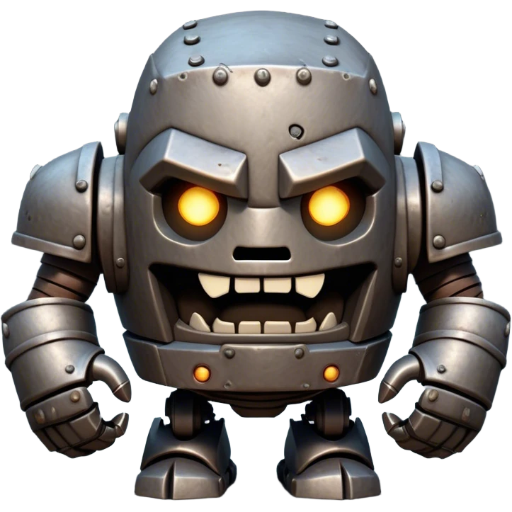 Cinematic Comical Mighty Iron Golem Portrait Emoji Head tilted dramatically with an exaggeratedly amused expression, featuring a bulky, armored form with a slightly lopsided stance, ancient runes flickering erratically, and one massive, jointed hand raised in a slow, deliberate wave. Wide, expressive glowing eyes give it an almost humorous, puzzled look, as if it’s contemplating something far beyond mortal understanding. Rendered with detailed metallic textures and deep, dynamic lighting, high shine, dramatic yet whimsical, styled with a hint of unexpected charm, soft glowing outline, capturing the essence of an endearing yet colossal guardian that looks ready to crack an impossibly slow, earth-shaking joke! emoji