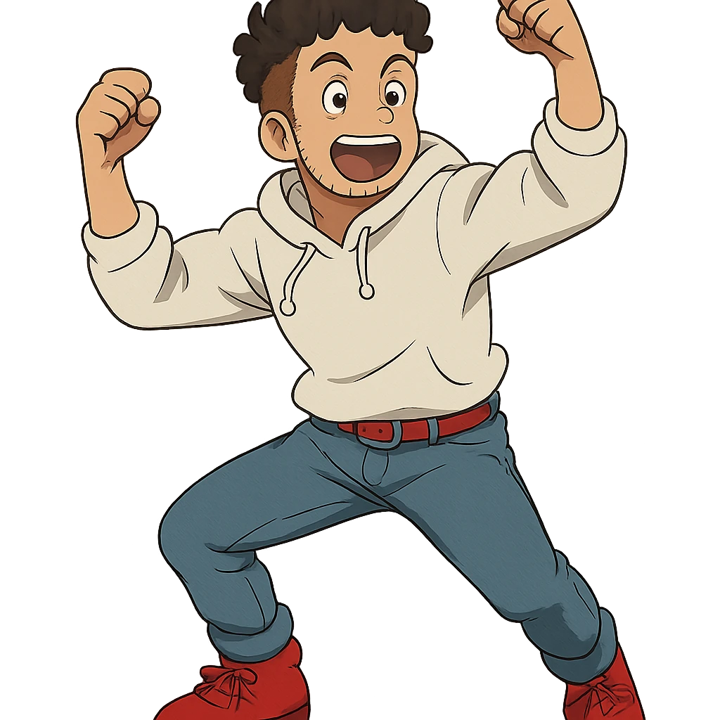 1 male, mid fade haircut dark chestnut brown curly hair, toasted lightskin, white hoodie sleeves up, fashion jeans, red fashion-sneakers shoes, red belt, short trimmed beard and goatee,  style of deku from "my hero academia", doing a "hype" pose emoji