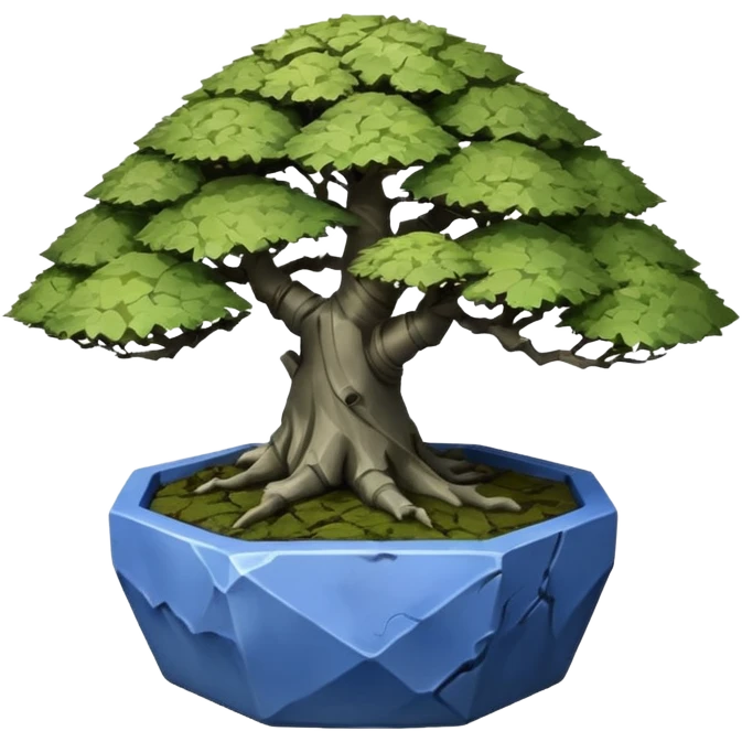 very old broken 35-sided polyhedron-shaped shallow dark moss rough bark blue maple tree bonsai pot emoji