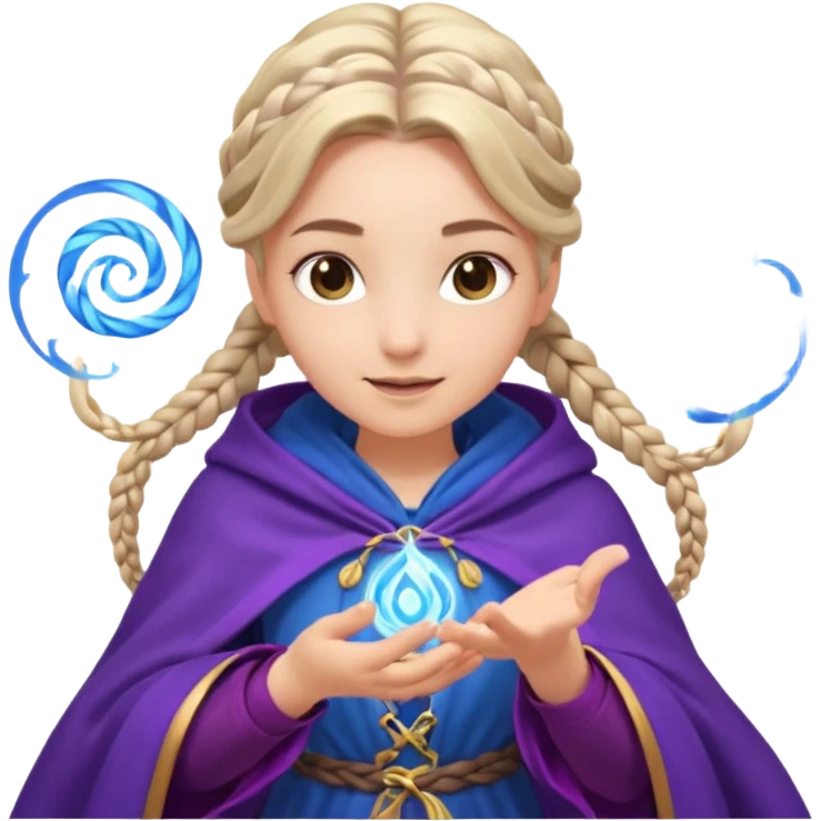 A playful mage girl with braids, purple cloak, and magic swirling around her hands.
 emoji