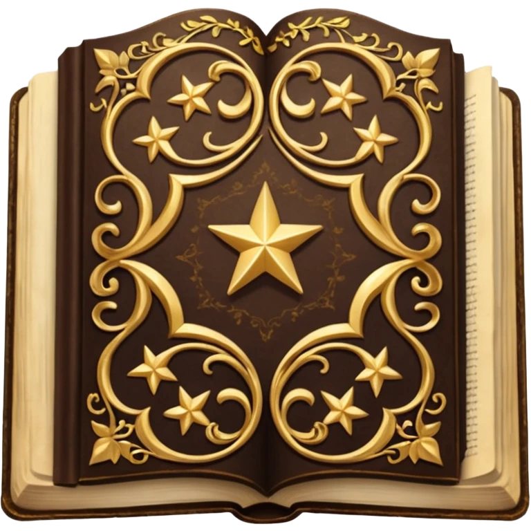 An open, ornately decorated book rendered in a highly detailed. The book's cover, framed with a broad, golden border, is a rich, dark brown, embellished with intricate golden filigree designs, including scrolling vines and decorative stars. emoji