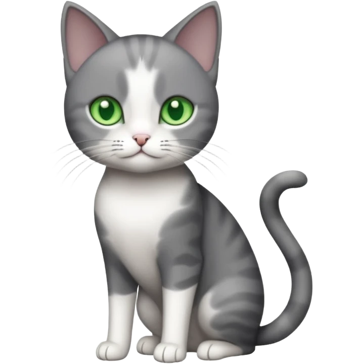 full body small short hair dark grey and white cat with green eyes emoji