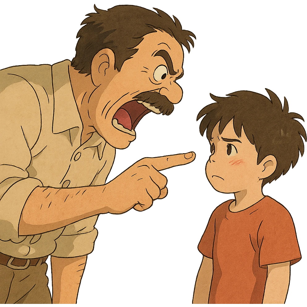 ghibli style papa gritándole a su hijo en plano medio emoji
