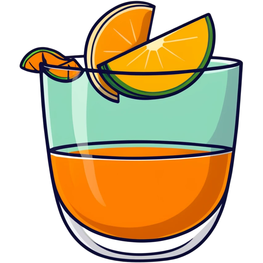 small transparent glass with layered carajillo - yellow-orange liquor visible at bottom, coffee layer on top, with cantaloupe melon slice alongside emoji