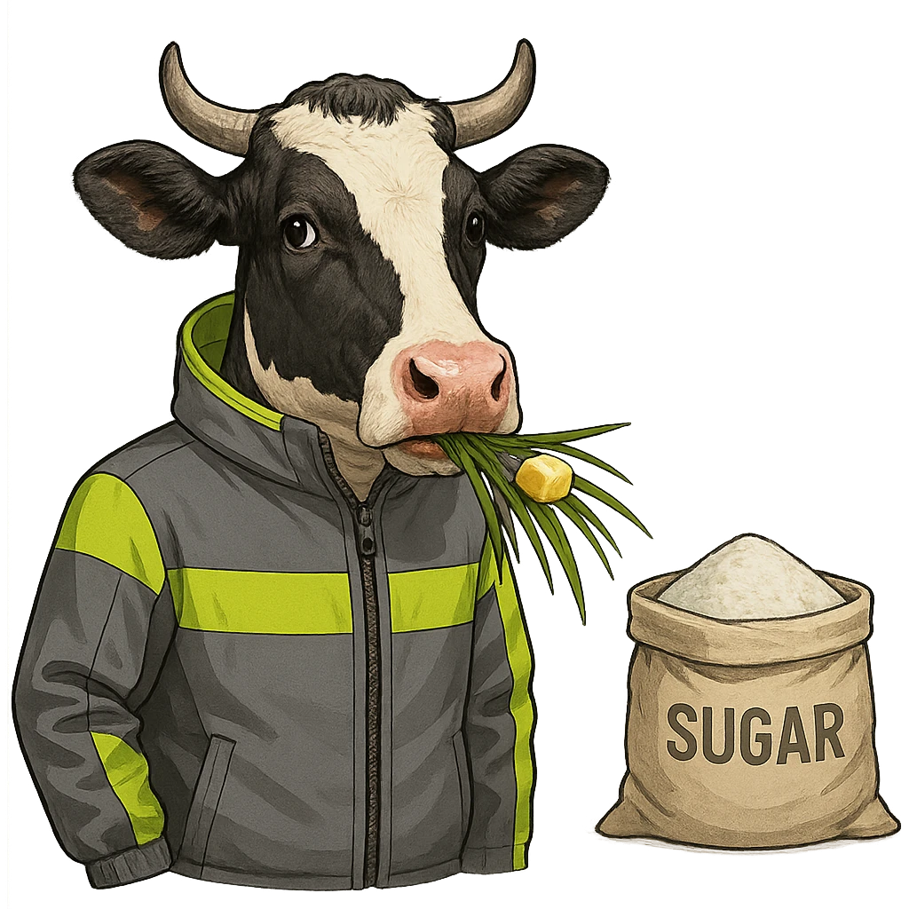 a cow in a stylish gray and neon green jacket, munching on grass with visible butter, with a bag of white sugar nearby emoji