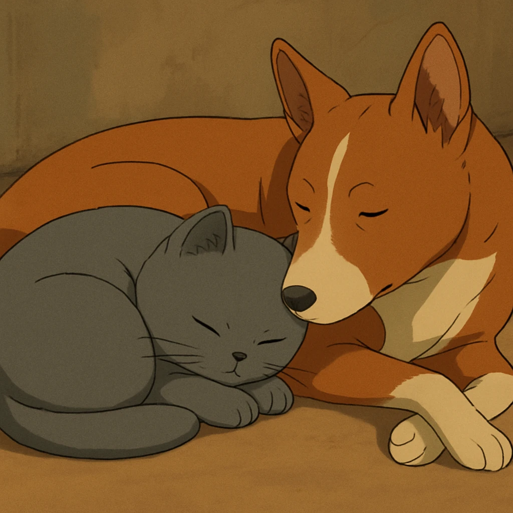 A gray British Shorthair cat curled up and sleeping next to a red Basenji dog emoji