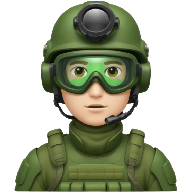white-skinned male modern infantry soldier with green body armor, ultra-modern helmet with night vision goggles, mask, cool and brutal, emoji style emoji