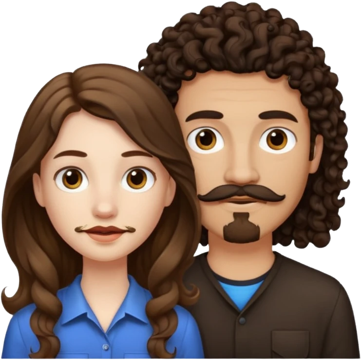Couple emoji: girl is pale with brown straight long hair and boy is tan with black curly hair with a mustache and a goatee emoji
