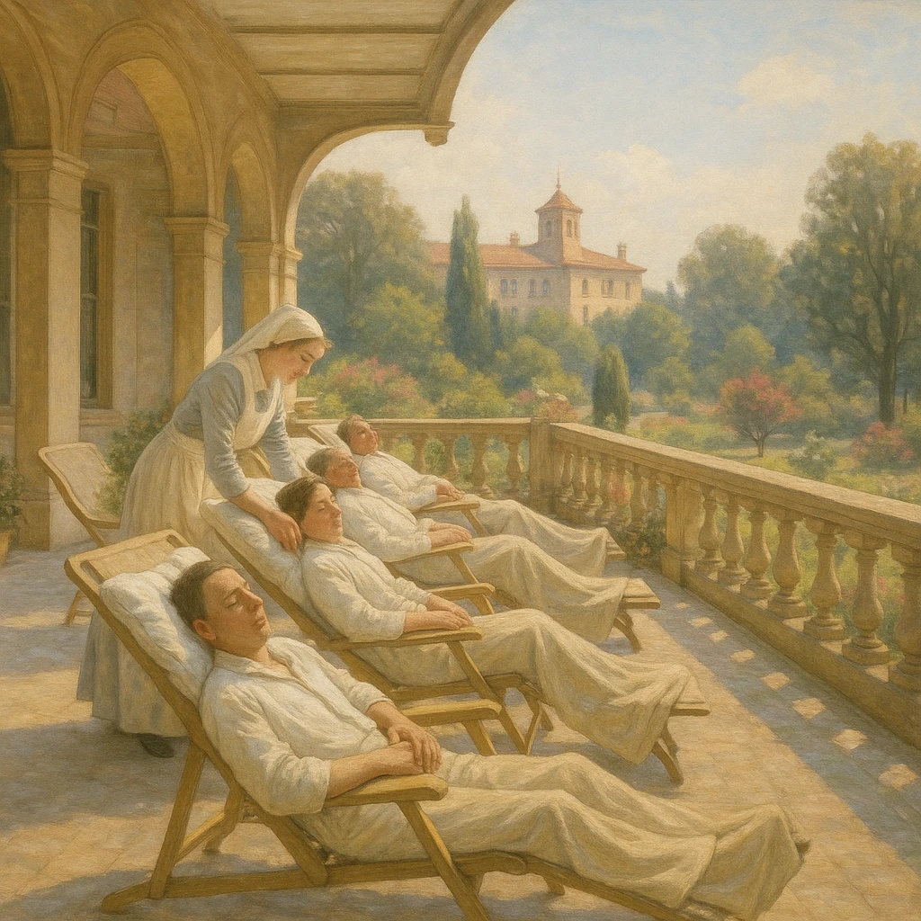historic hospital terrace overlooking a garden, convalescent patients sunbathing, nurse adjusting pillows, atmosphere of healing and wellness, soft colors, natural light, 4K quality emoji