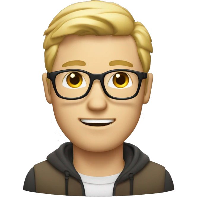 white man with blond hair, thin glasses and brown eyes and a thin face, a computer is right in front of him emoji