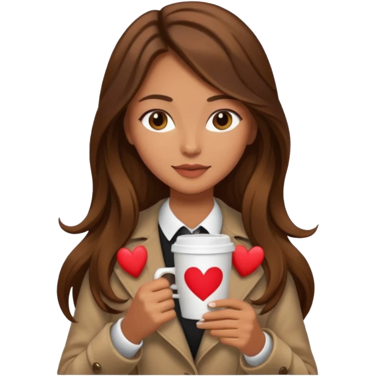 Un emoji de una chica con el pelo castaño y largo y suelto así como vestida como una that Girl y un café con dibujo de corazón y una cama aesthetic modo vida perfecta emoji