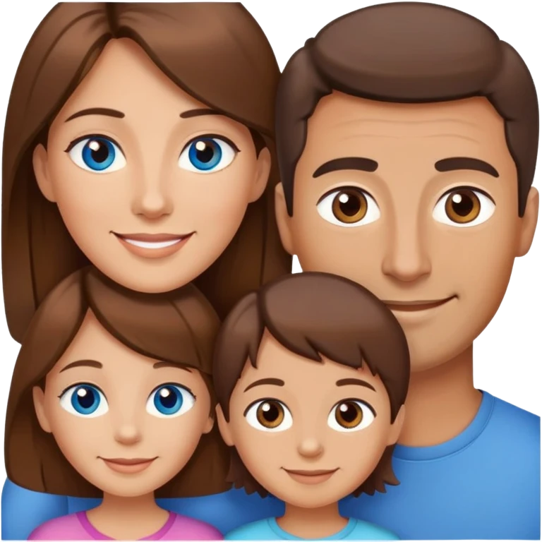 A brown haired family with a mom, dad, 2 boys, and 2 girls the dad and 2 boys having blue eyes and the mom and 2 girls having brown eyes emoji