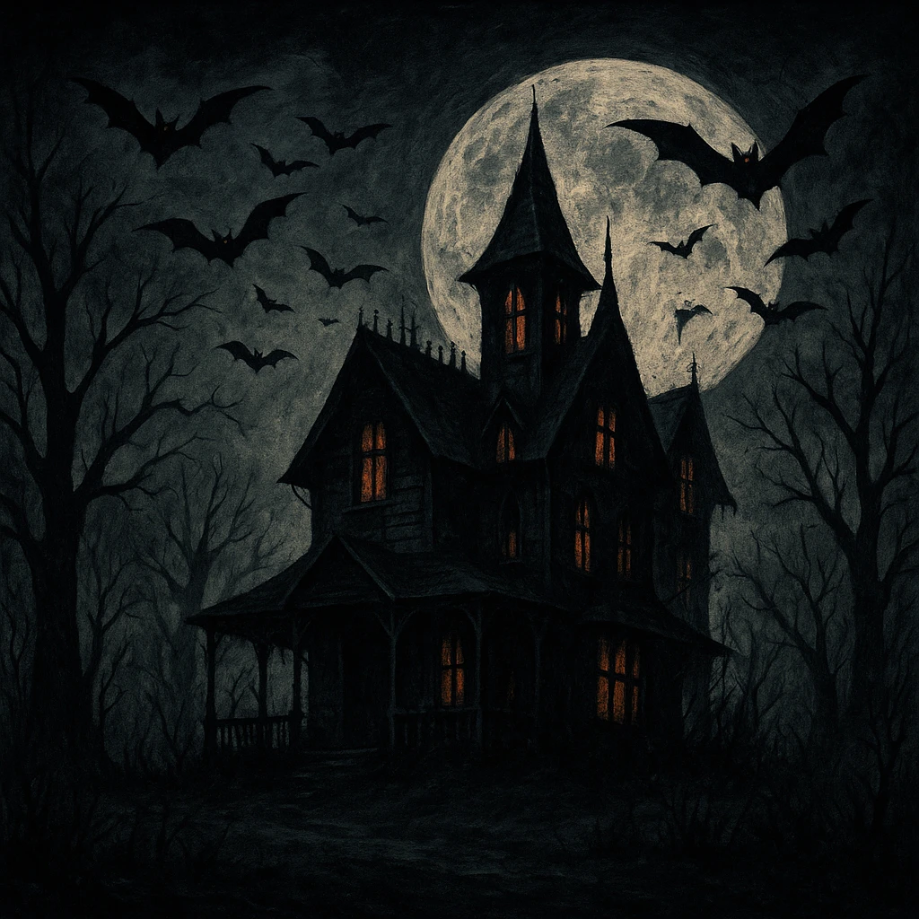 creepy banner, haunted house at night, full moon, bats, dark color palette, horror illustration style emoji