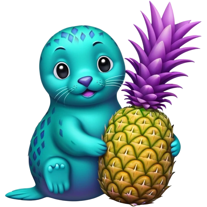 seal that is teal and holding a pineapple that is purple emoji