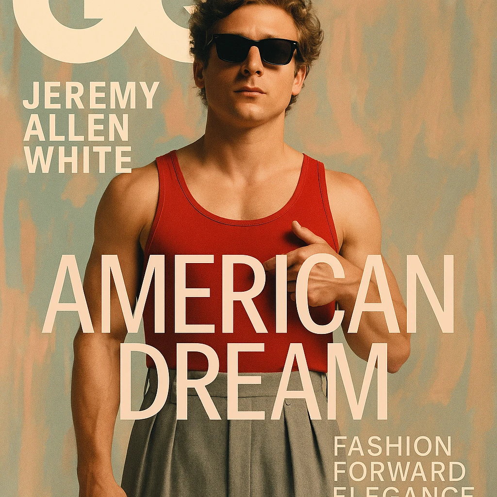 Create a GQ Magazine cover featuring Jeremy Allen White based on the provided photograph. The design should be stylish and modern with a bold typography and a fashion-forward, elegant color palette. Focus on a sophisticated magazine layout that highlights the subject prominently. emoji