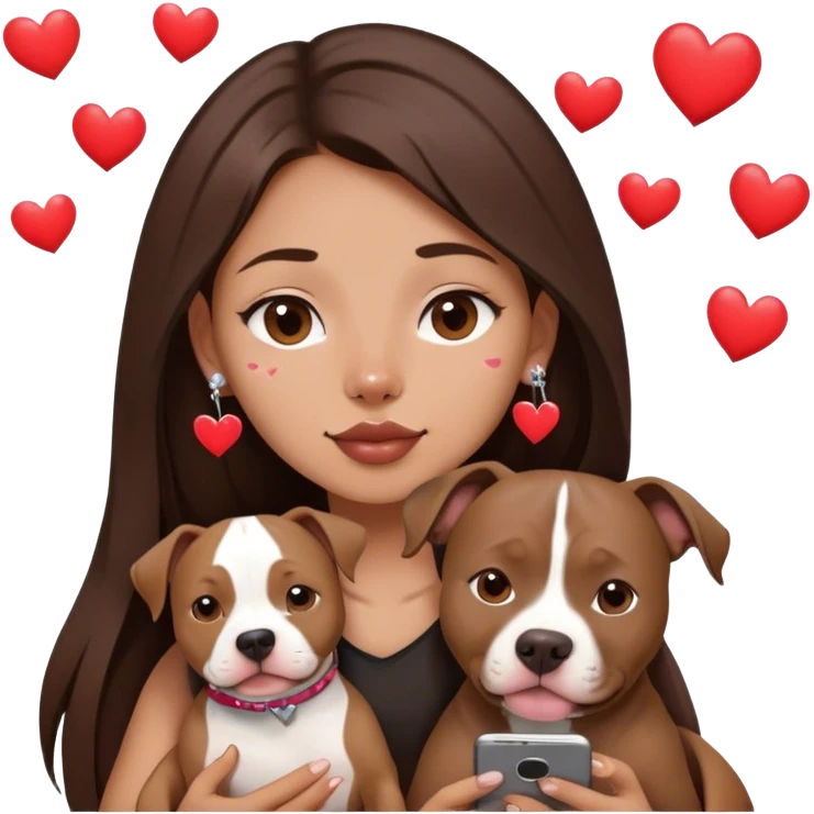 Young girl with long dark brown layered hair hair sits with her one dog who is a pretty girl pitbull with her cell phone in her hand in a small septum ring in her nose was hearts flying all around her emoji