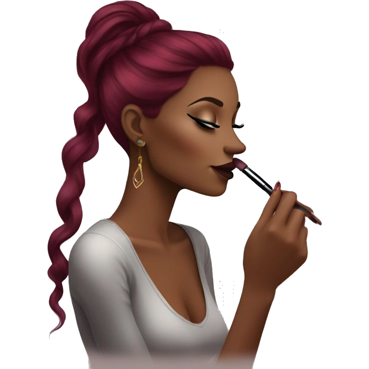 Beautiful tattooed burgundy long haired woman doing her makeup emoji