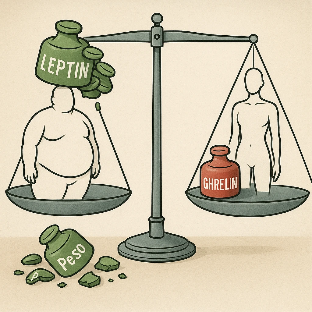 clinical illustration of a balance scale with leptin in green and ghrelin in red; obese side with overflowing leptin, scale stationary, broken leptin weights labeled 'Peso' on the floor; normal weight side with balanced scale; endocrinology style, 4K resolution emoji