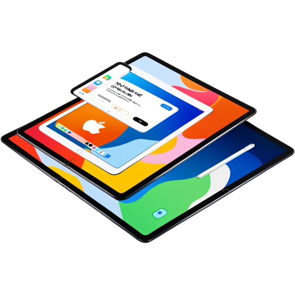 Hyperrealistic isolated 3D rendering, highly detailed ipad, with the screen lit up showing the apple store symbol and a bold Screensaver background. 8k, DPI 300, no emoji icons, no emoji faces, must be visually appealing  emoji