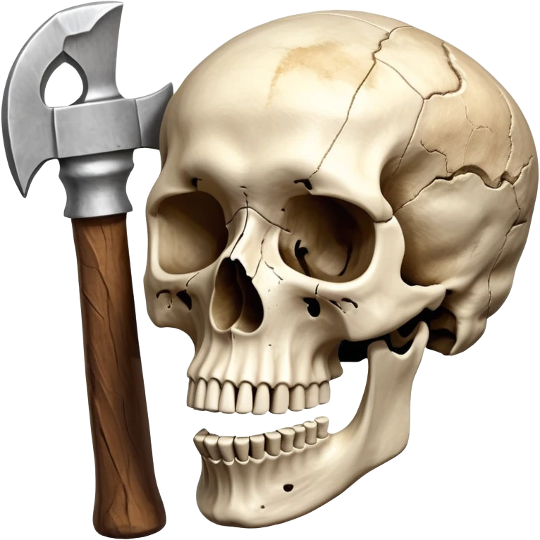 An icon featuring a human skull and fossilized bones, symbolizing the study of anthropology. The design includes archaeological tools like a pickaxe and brush, with a background of ancient artifacts and a globe. Transparent background emphasizes the exploration of human history and evolution. emoji