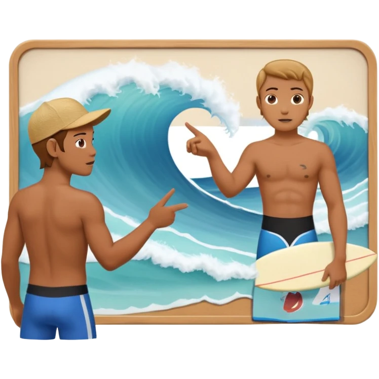 icon of a surf instructor teaching, pointing to a whiteboard with a wave in the center. Below the board are two avatars with their backs turned, looking at the board. emoji