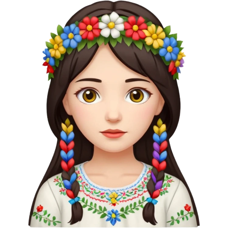 Ukrainian woman in a white embroidered shirt with dark hair in a wreath of flowers with multicoloured ribbons on her head emoji