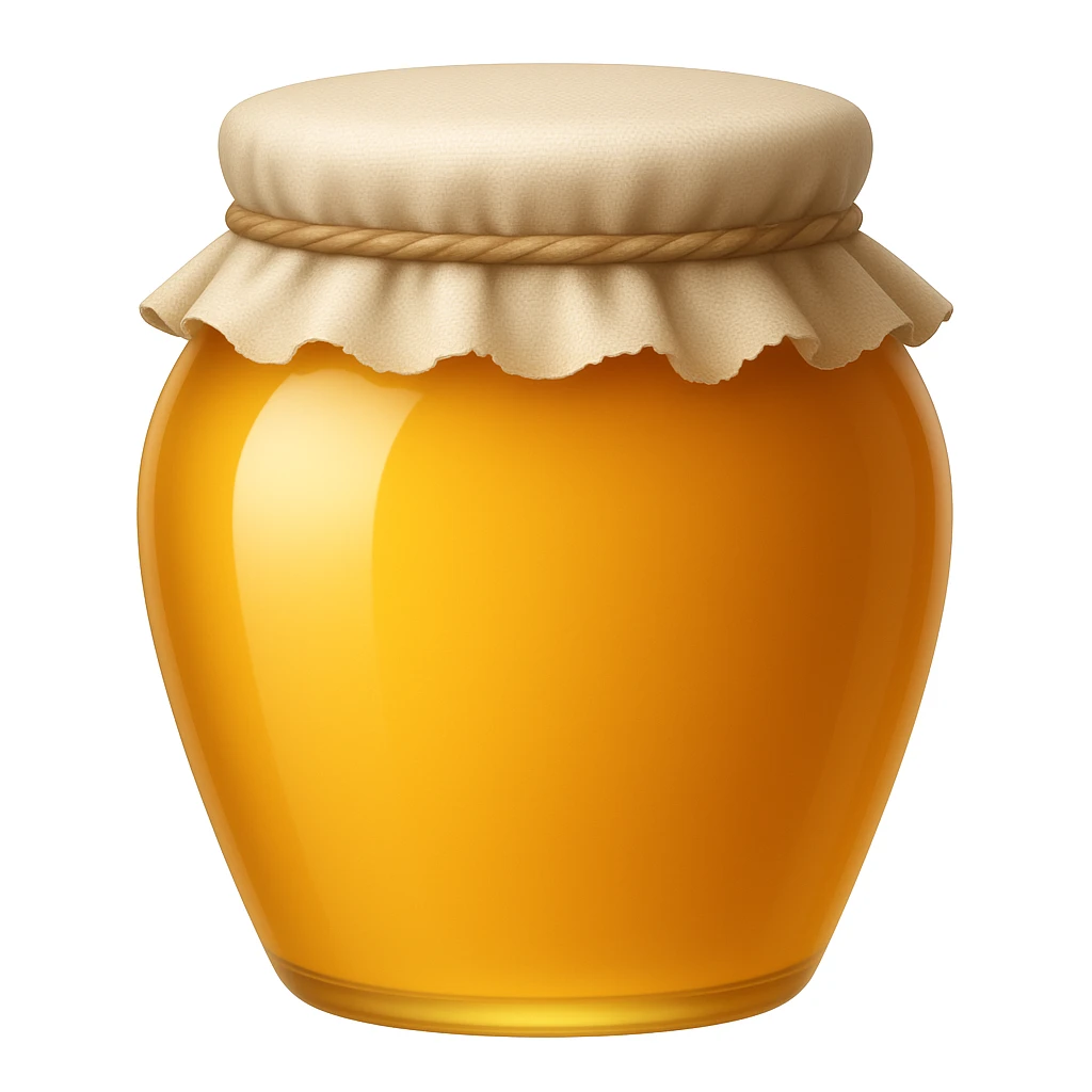 Create an emoji with no face that looks exactly like the reference image. The style should be iOS emoji style: 3D, shiny, smooth gradients, soft shadows, realistic honey jar shape with a cloth lid, no face. Add a glossy effect to the glass. emoji