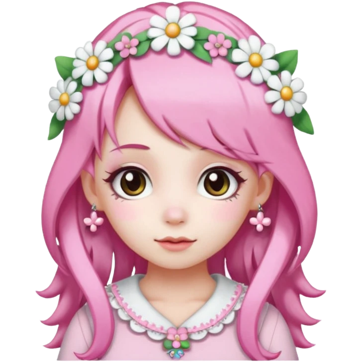 A girl with pink and white hair, adorned with flowers as hair accessories, wearing My Melody clothing. emoji