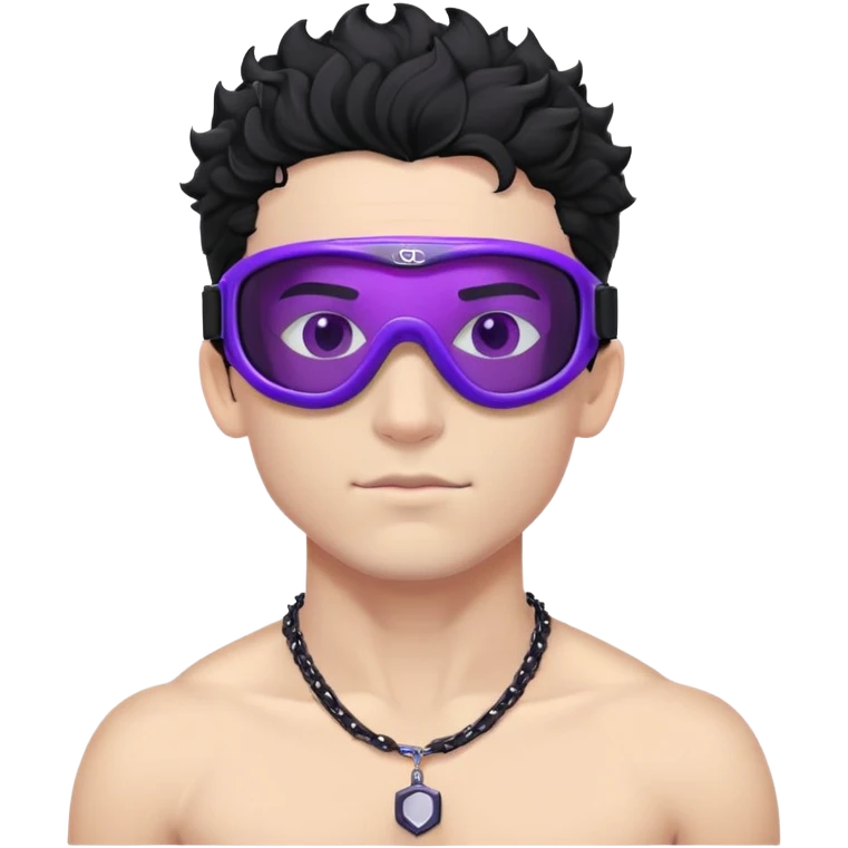 shirtless male athlete with white skin and moderately curly black hair on top with shaved sides, wearing ski goggles with purple frames/outline and very dark heavily tinted black lenses that completely hide the eyes, and a simple plain black chain necklace, no earrings emoji