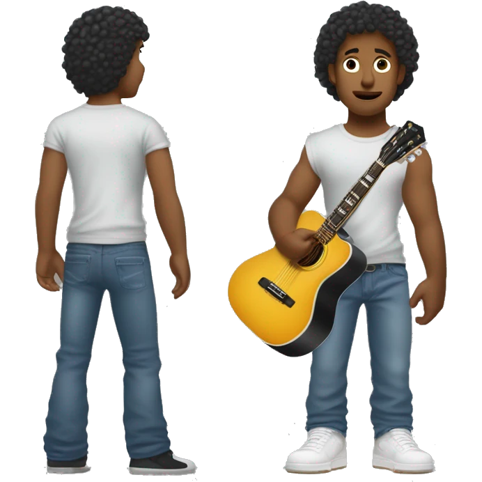 can you generate a tanned tall boy holding the red van hallel guitar. The boy must have green eyes and short curly hair please. Could he be wearing the nike jordan Travis Scott shoes. Also wearing blue jeans and a plain t shirt. emoji