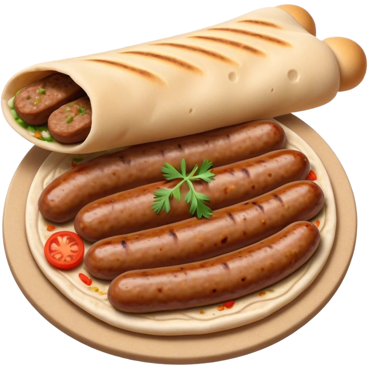 Cevapi Cinematic Realistic Cevapi Dish Emoji, depicted as modest, short, skinless sausages served with traditional flat bread, rendered with realistic textures and rustic, inviting lighting. emoji