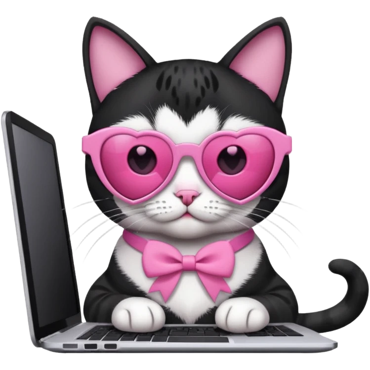 Black and white cat with pink ribbon and black cool sunglasses doing pink computer with pink heart emoji