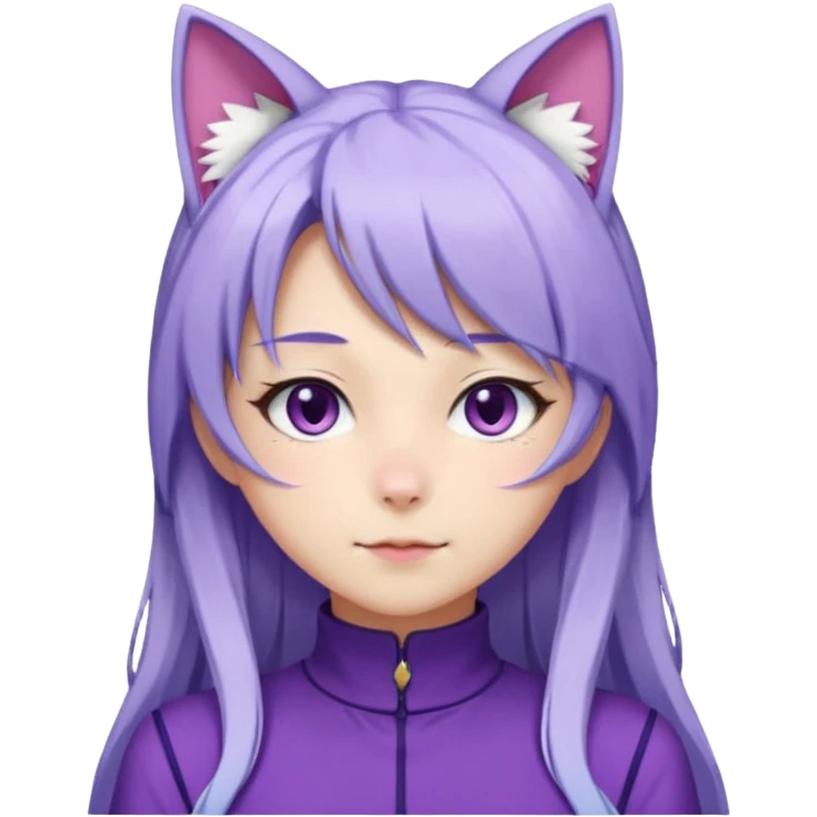 female anime character with long white and periwinkle hair and cat ears on her head. She is wearing a purple outfit with a high neckline and long sleeves.  emoji