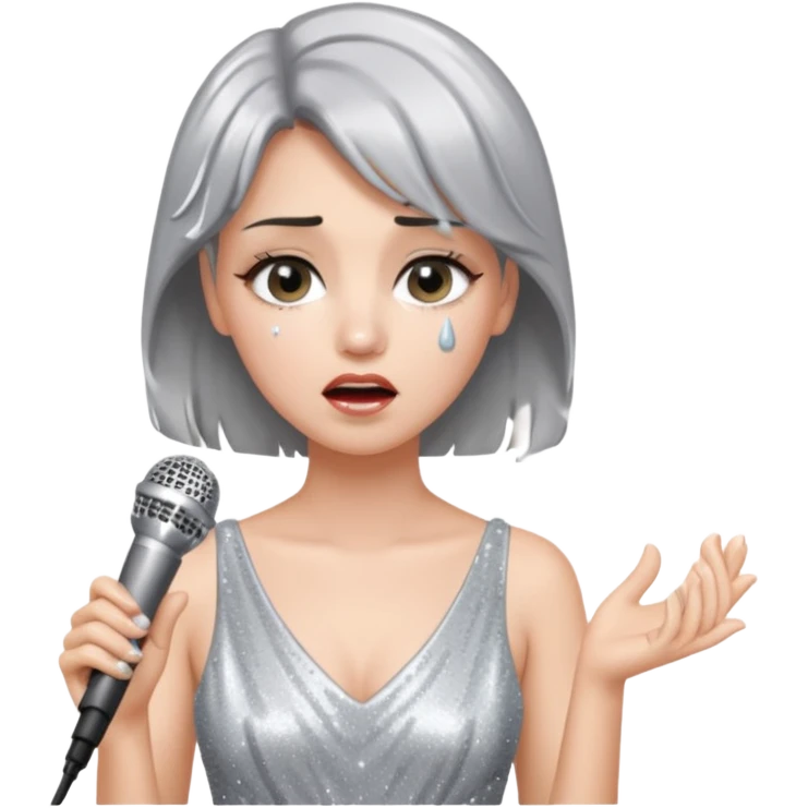 A female singer in sparkling dress holding a mic with emotional expression emoji