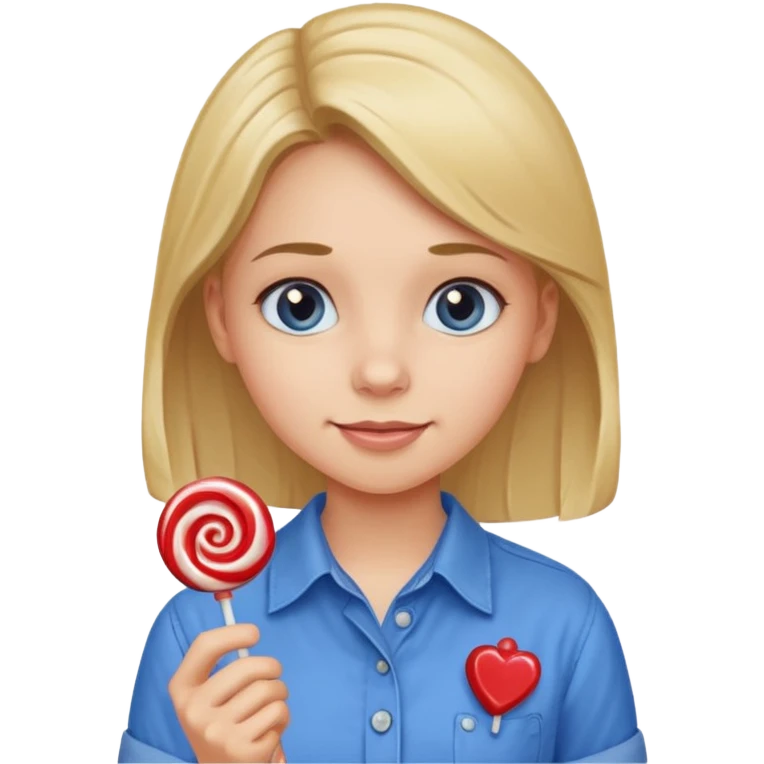 girl in a blue button-up shirt loving candy emoji