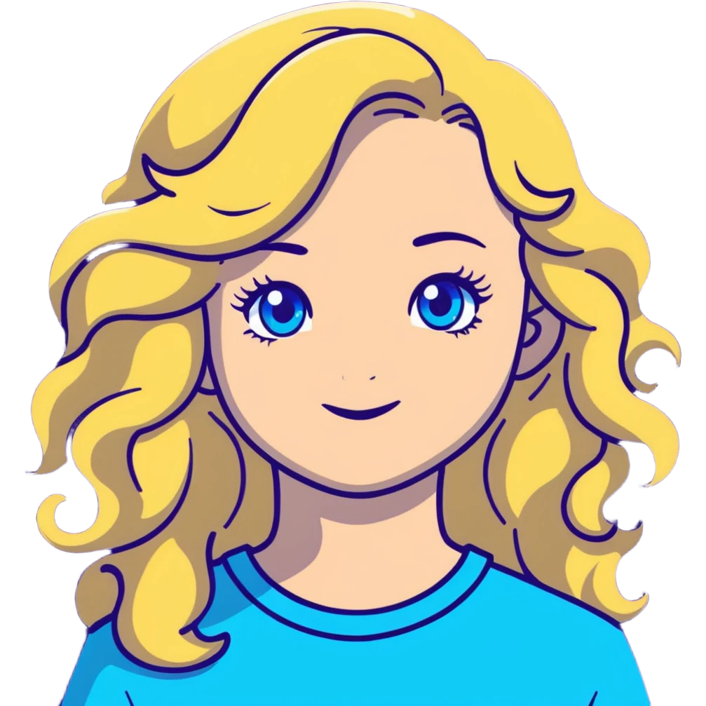 beautiful girl with long curly blonde hair, blue eyes, long eyelashes emoji