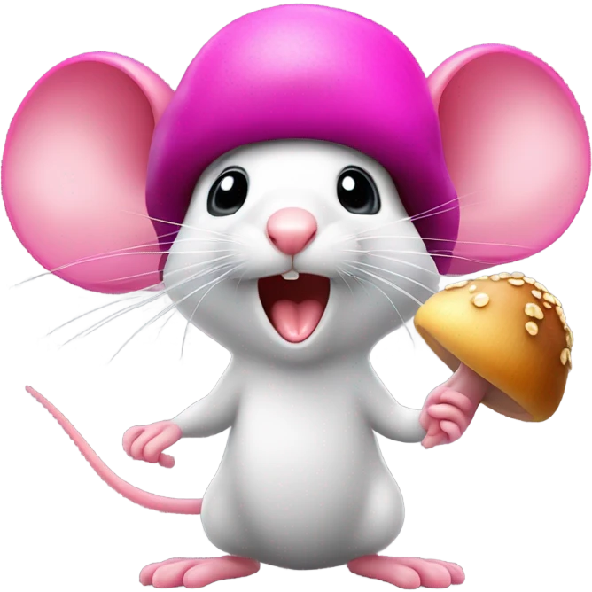 A hot pink mouse with long eyelash extensions is opening his mouth very wide to try to eat the cap of a mushroom that he is holding by the stem in his paws emoji