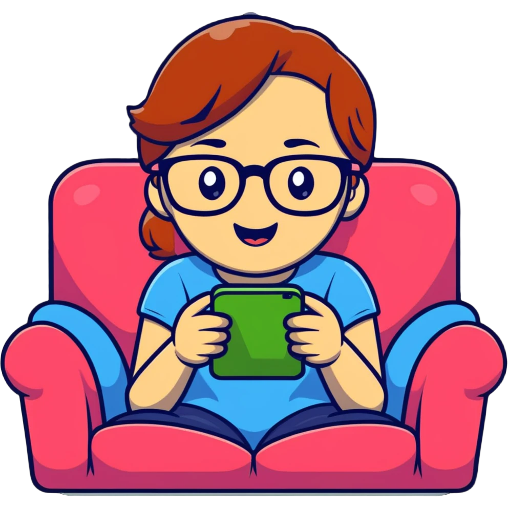 A cute young girl with glasses sitting on a couch, happily playing a mobile phone game with a cheerful expression emoji