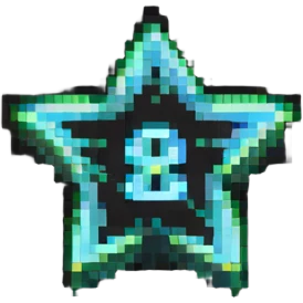 five-pointed star with the number 8 centered inside, pixel art style emoji