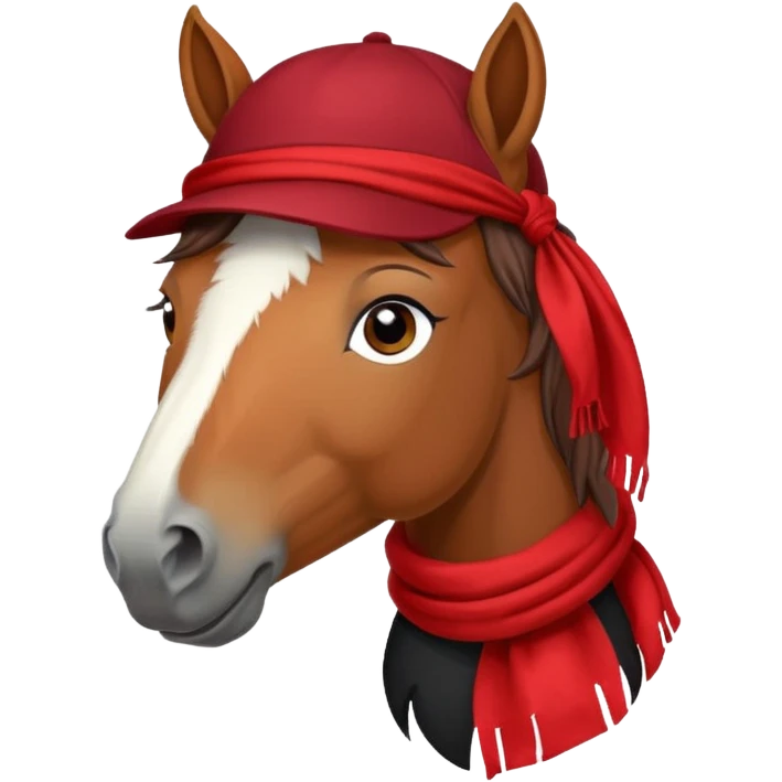fabulous funny winter horse in a black hat cap with a red scarf emoji