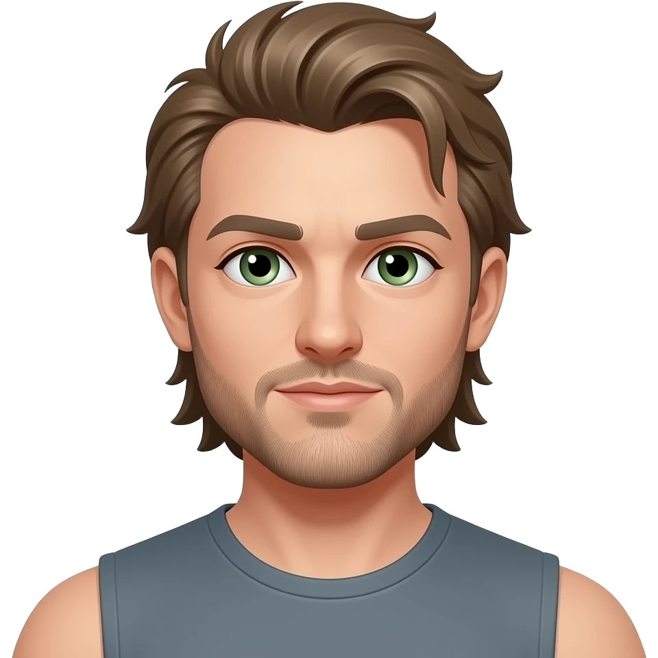 Mullet with side flares, wide shoulders. hazel blue green eyes, some grays with mostly hazel hair, 5 o’clock shade beard emoji