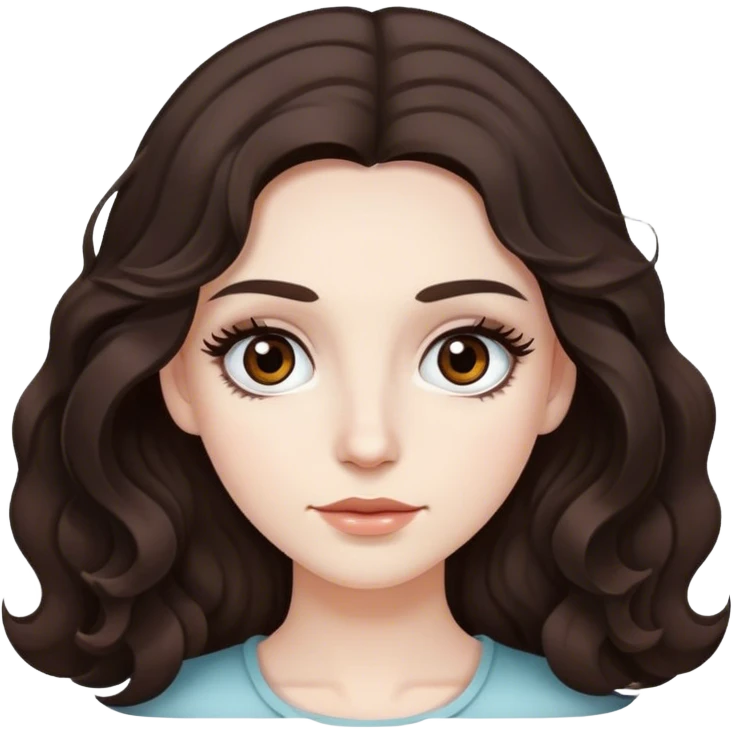 Dark Brown hair long and a little wavy at the ends and dark brown eyes with lashes and pale skin emoji