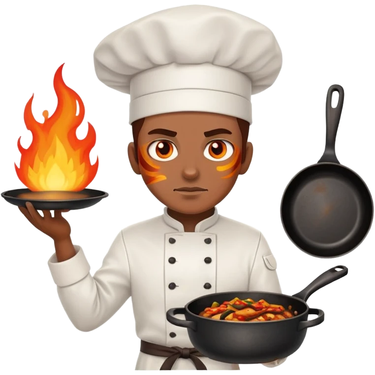 proud chef with blazing fire eyes, crossing two skillets across chest like a warrior emoji