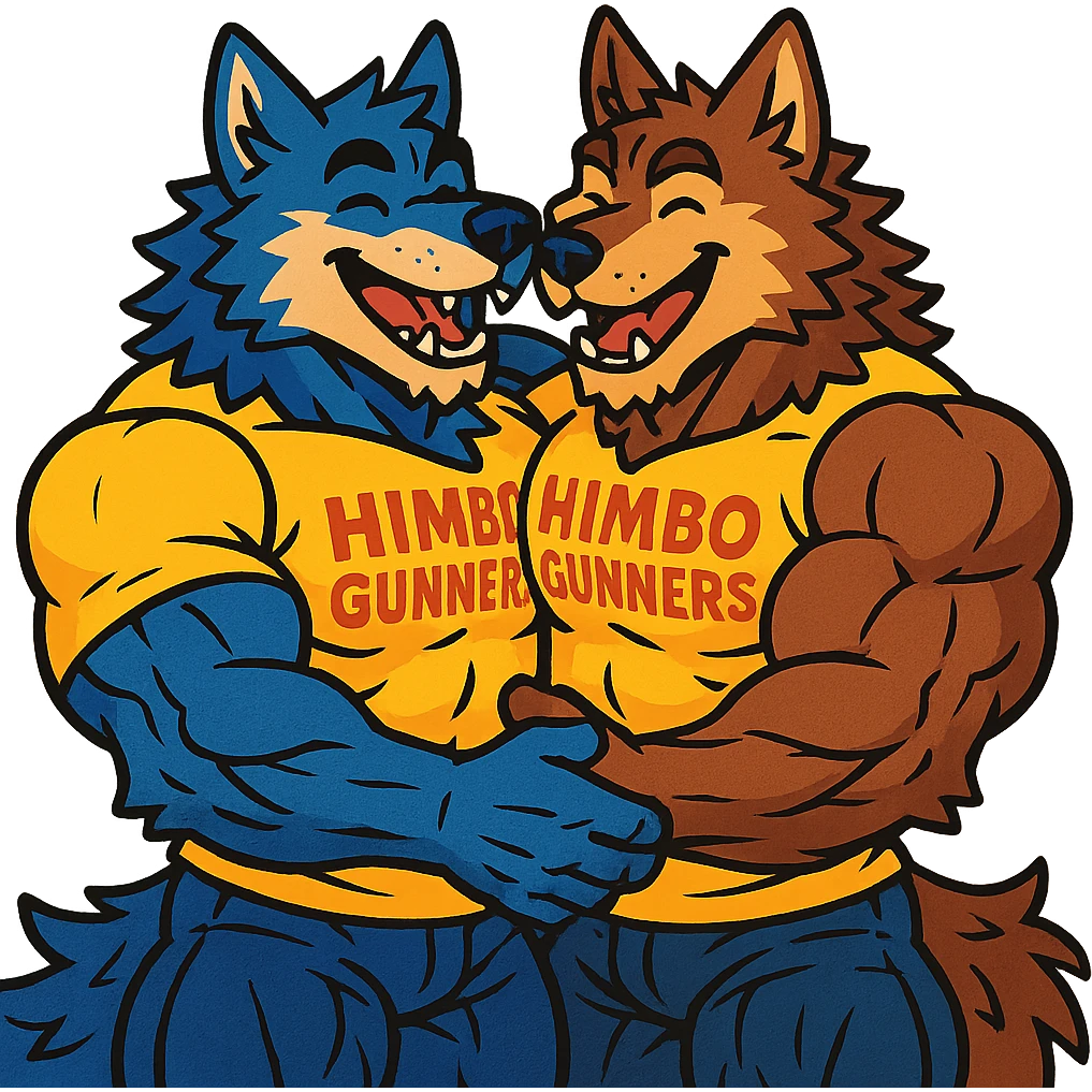two extremely muscular wolf furries with exaggerated and highly detailed muscles, wearing t-shirts that say 'Himbo gunners', hugging each other, friendly and joyful expressions, very detailed fur and anatomy, ultra high quality emoji